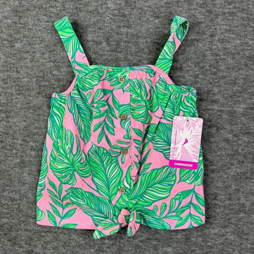 Tommy Bahama Tank Top Palm Leaf Button Tie Front Sleeveless Pink Green Size 4 XS